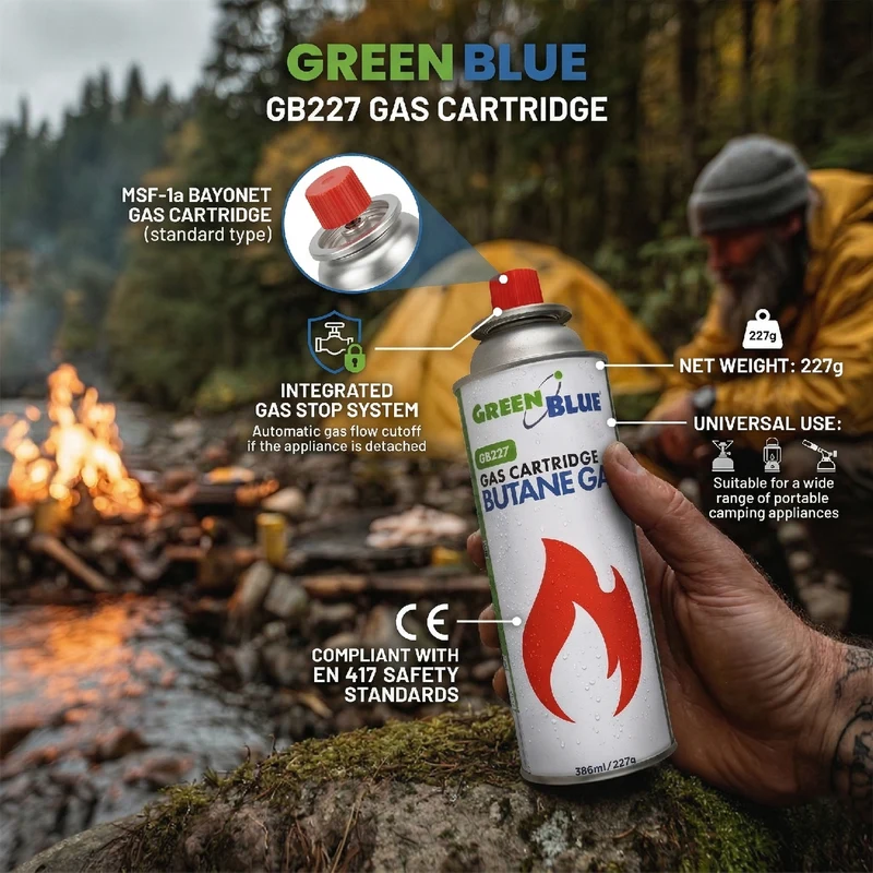 28 gaspatroner à 227 g GreenBlue. Certifikat: Pi 0875, uppfyller standarden EN417, butan, användningstemperatur -10 °C till +40 °C, GB227
