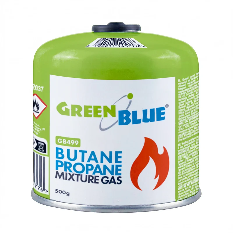 8 gaspatroner à 500 g GreenBlue. Certifikat: Pi 0437, uppfyller EN417, butan-propan, användningstemperatur -10 °C till +40 °C, gängad ventil 7/16'' GB499