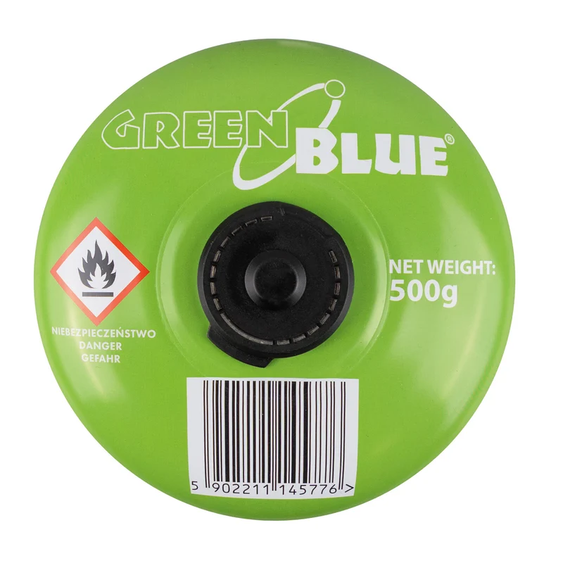 12 gaspatroner à 500 g GreenBlue. Certifikat: Pi 0437, uppfyller EN417, butan-propan, användningstemperatur -10 °C till +40 °C, gängad ventil 7/16'' GB499