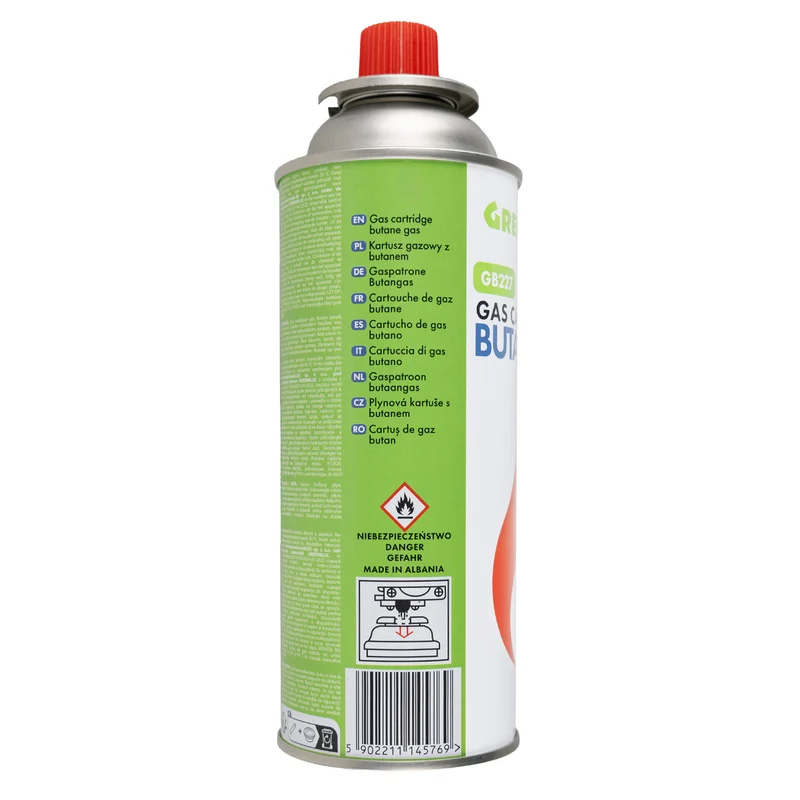 2 gaspatroner à 227 g GreenBlue. Certifikat: Pi 0875, uppfyller standarden EN417, butan, användningstemperatur -10 °C till +40 °C, GB227
