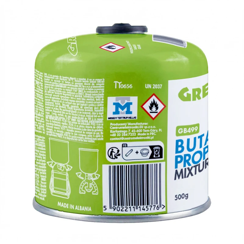 GreenBlue gaspatron 500 g. Certifikat: Pi 0437, uppfyller EN417, butan-propan, användningstemperatur -10 °C till +40 °C, gängad ventil 7/16'' GB499