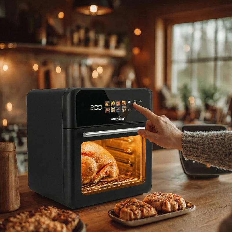 GreenBlue AIR FRYER fettfri fritös, kraftfull 1800 W, 10 liters kapacitet, 8 program, tillbehör, timer, GB950