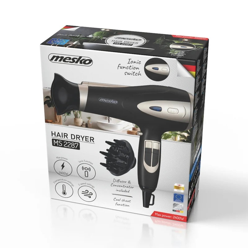 Mesko hårtork, joniseringsfunktion, diffusor, effekt 2200 W, svart, MS 2287