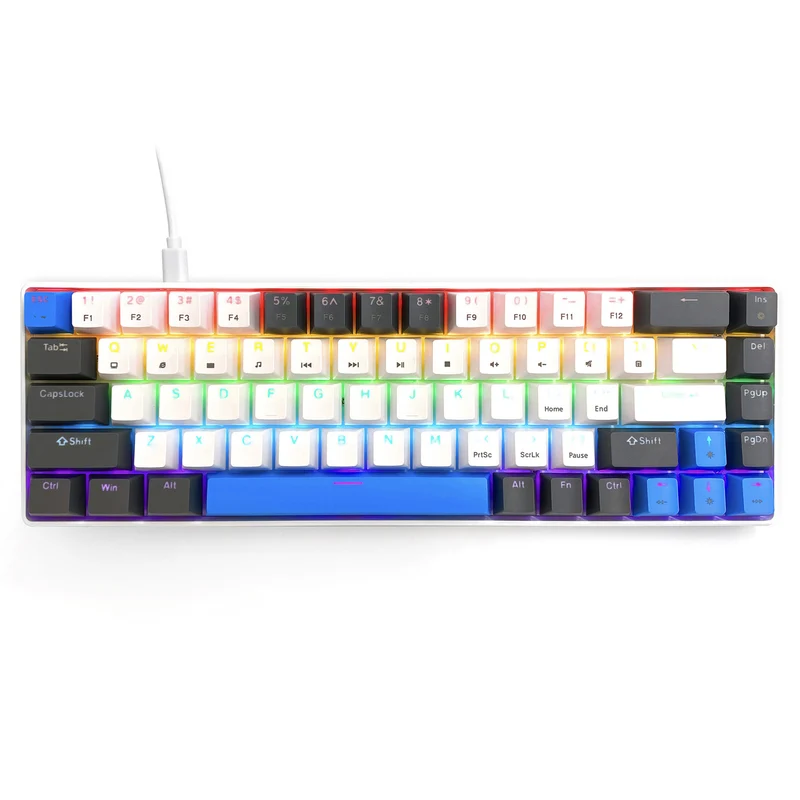 RED CORE MX60 – Mekanisk gamingtangentbord av typen short 60 %, mekaniska silent RED-brytare, färgad bakgrundsbelysning, 68 tangenter, USB-C. Färg: vit/blå. Mediatech