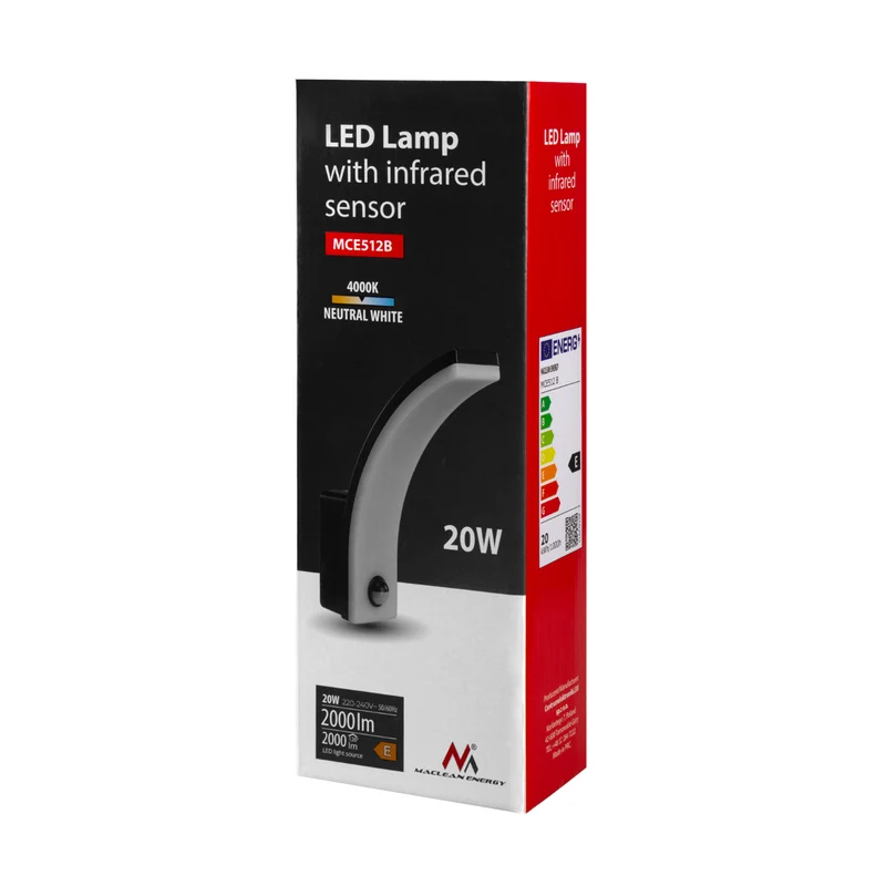 Maclean rörelsesensor LED-lampa, PIR rörelsesensor, svart, 20W, IP65, 2000lm, neutralvit (4000K) MCE512 B, 2 st