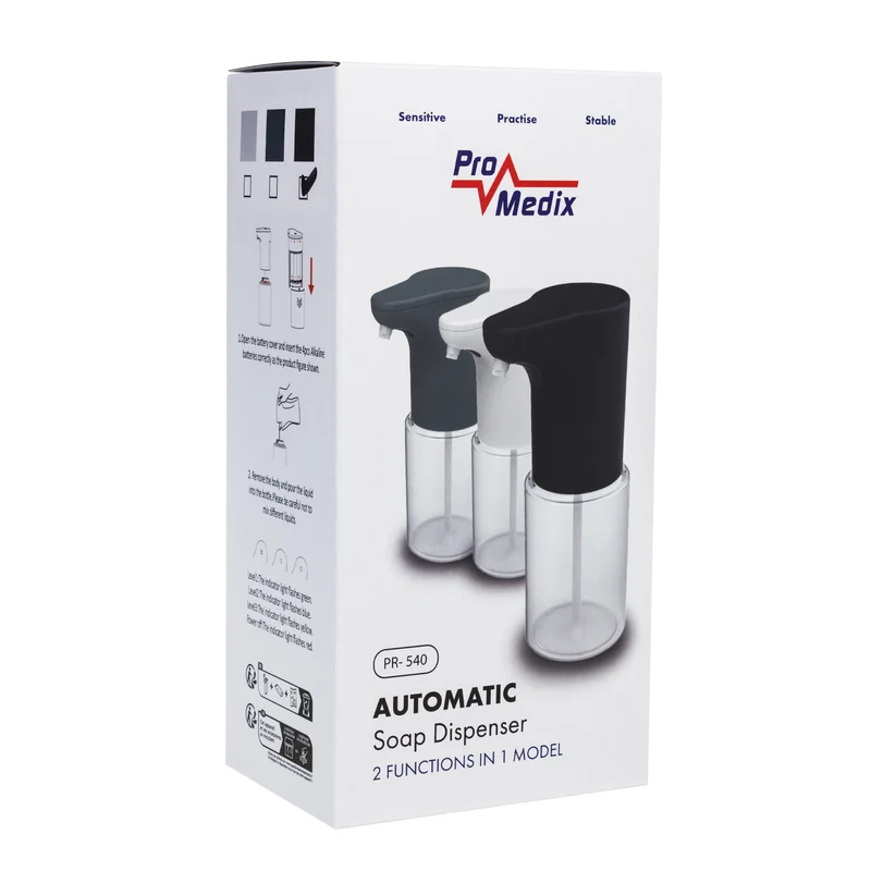 Promedix automatisk dispenser, dispenserbehållare för flytande tvål, desinfektionsvätskor, 300ml, 4xAA, svart, PR-540 B