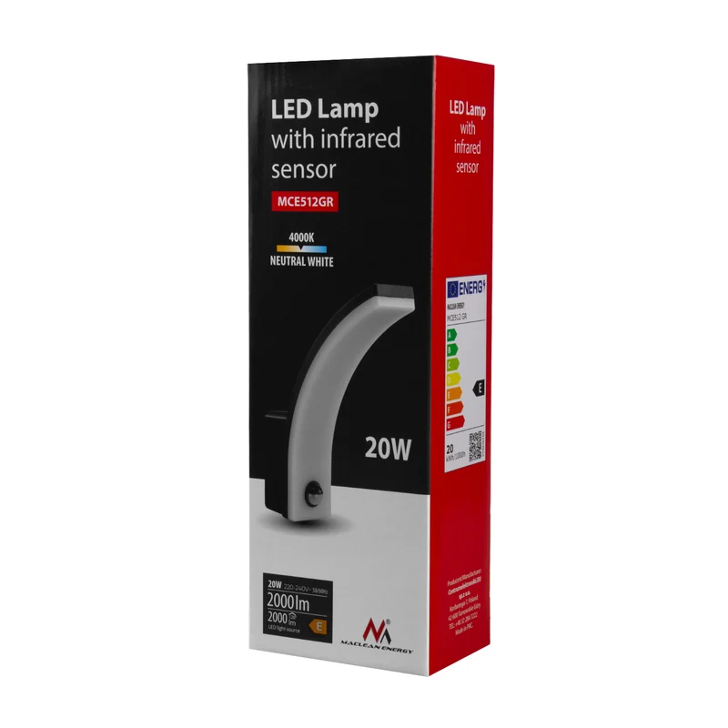 Maclean rörelsesensor LED-lampa, PIR rörelsesensor, grå, 20W, IP65, 2000lm, neutralvit (4000K) MCE512 GR, 4 st