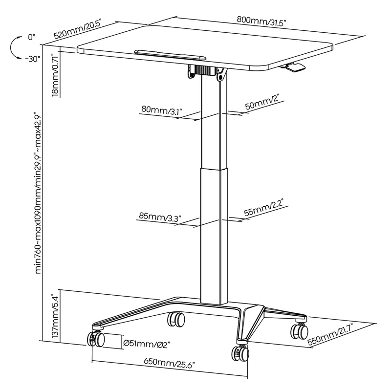 Maclean mobilt laptopbord, vitt, pneumatisk höjdjustering, 80x52cm, max 8kg, 109cm h, MC-453W