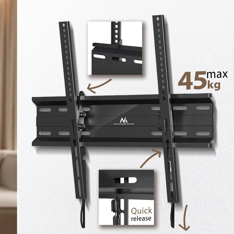 Maclean MC-748A TV-/monitorfäste, max VESA 400x400, passar 32-70" skärmar upp till 45kg. Svart design, robust och mångsidig.