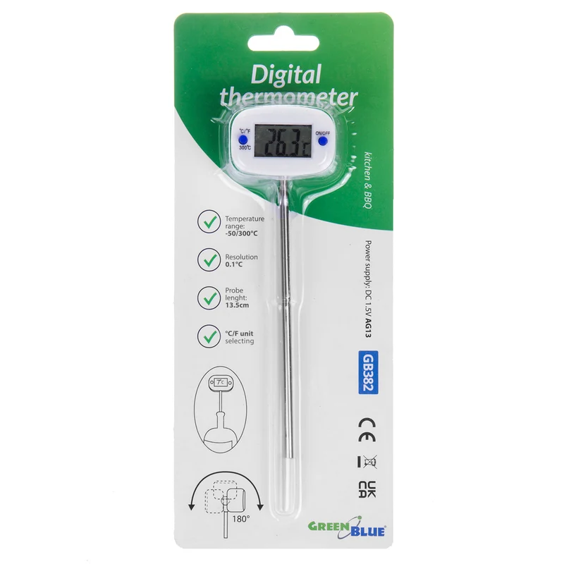 Livsmedelstermometer/-sond, GreenBlue, sondlängd 15cm, temperaturområde -50 deg C till +300 deg C, noggrannhet 0,1 deg C, GB382