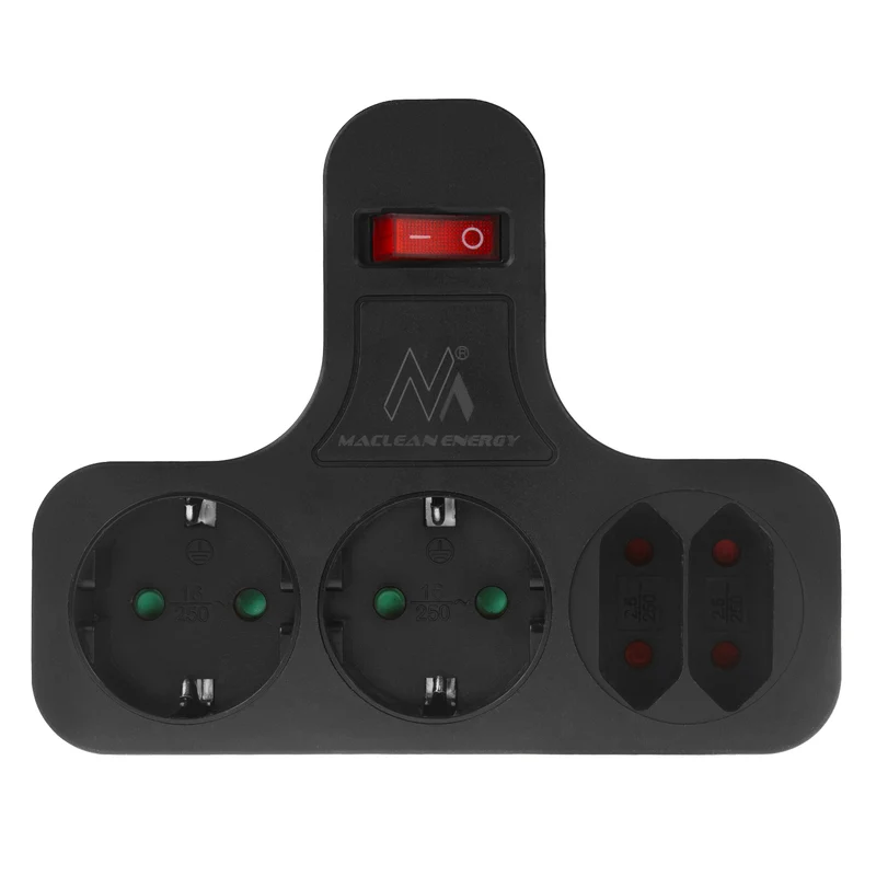 Maclean eluttag, fyrdubbelt med på/av-brytare, stabiliseringsfot, schuko-typ, 2x2,5A, 2x16A, MCE224 G/B