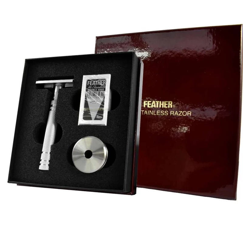 Feather Razor AS-D2S Traditionell Rakhyvel Razor Blade Razor Med Stativ Rakapparat 1st.