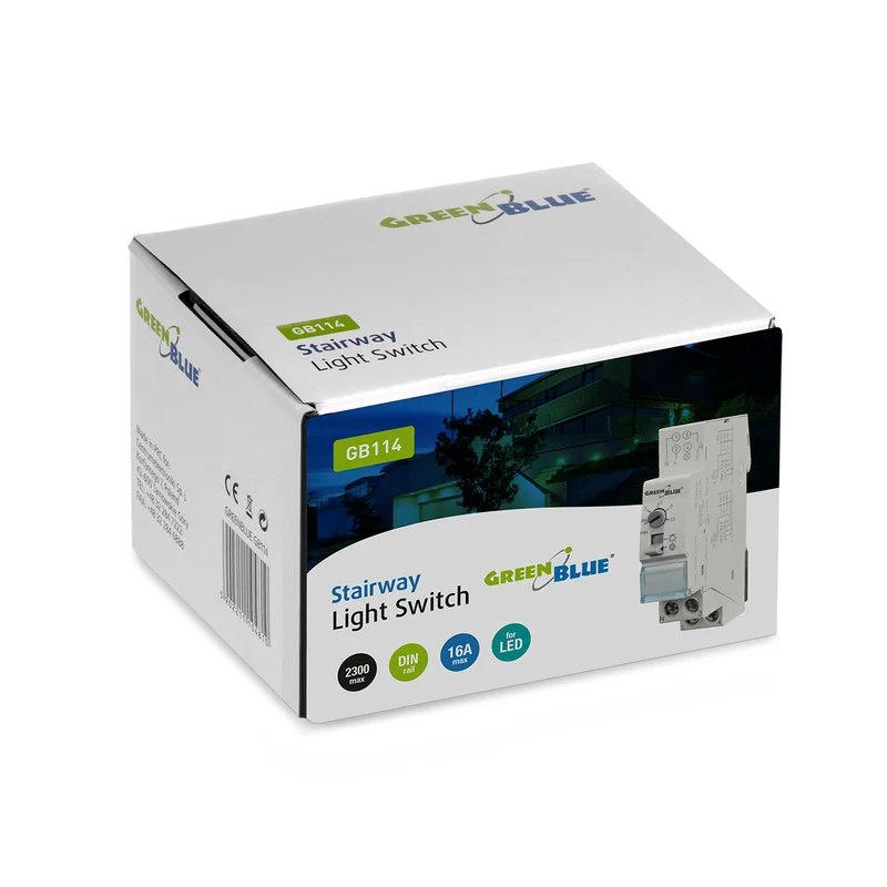 GreenBlue DIN-skenmonterad automatisk trappstyrning, justerbar mellan 30s-10m, max 2300 W, GB114