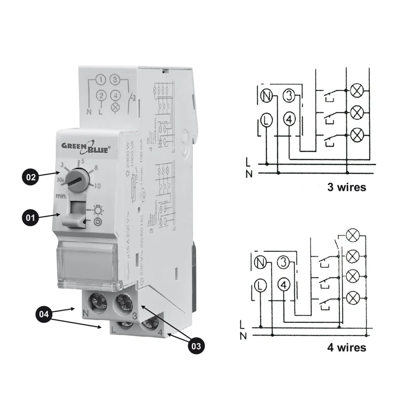 GreenBlue DIN-skenmonterad automatisk trappstyrning, justerbar mellan 30s-10m, max 2300 W, GB114