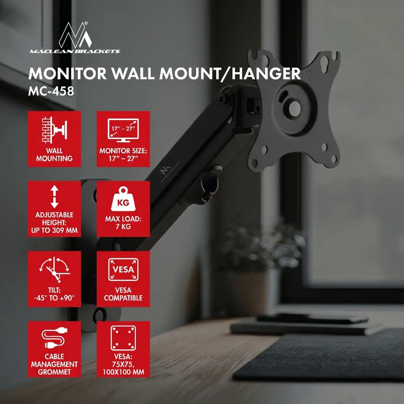 Maclean Monitor Wall Mount, 17-27'', max 7 kg, MC-458