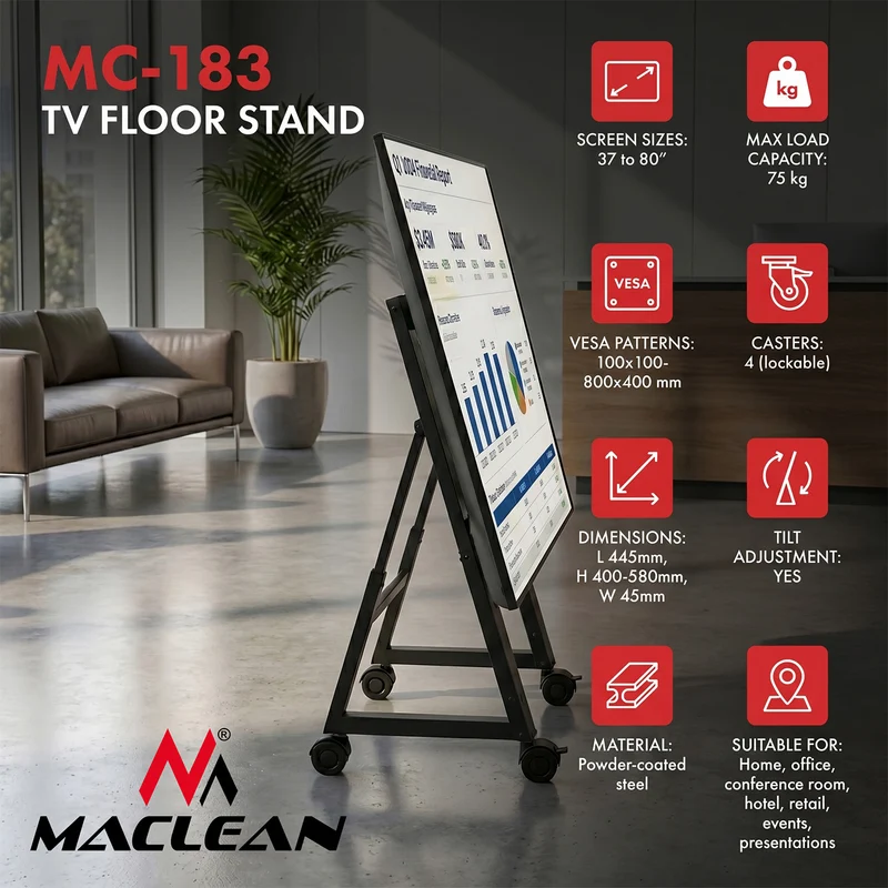 TV-vagn/golvstativ Maclean, 37–80", max. VESA 800x400, max. 75 kg, flyttbar, hjullås, MC-183