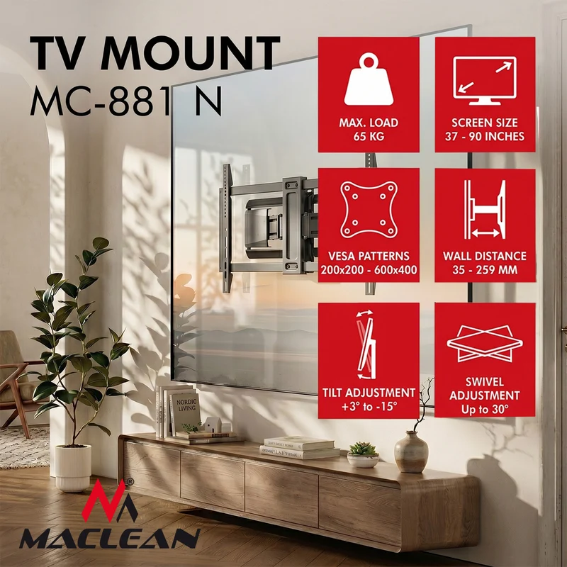 TV-fäste/hängare Maclean, max. VESA 600x400, 37–90", max. belastning 65 kg, svart, MC-881 N