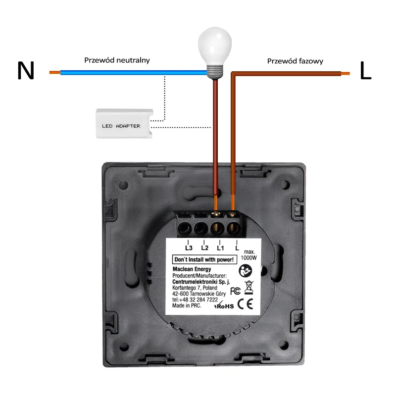 Maclean Energy MCE701B Touch-ljusbrytare, enkel, glas, svart med fyrkantig knapp mått 86x86mm, med knappbelysning