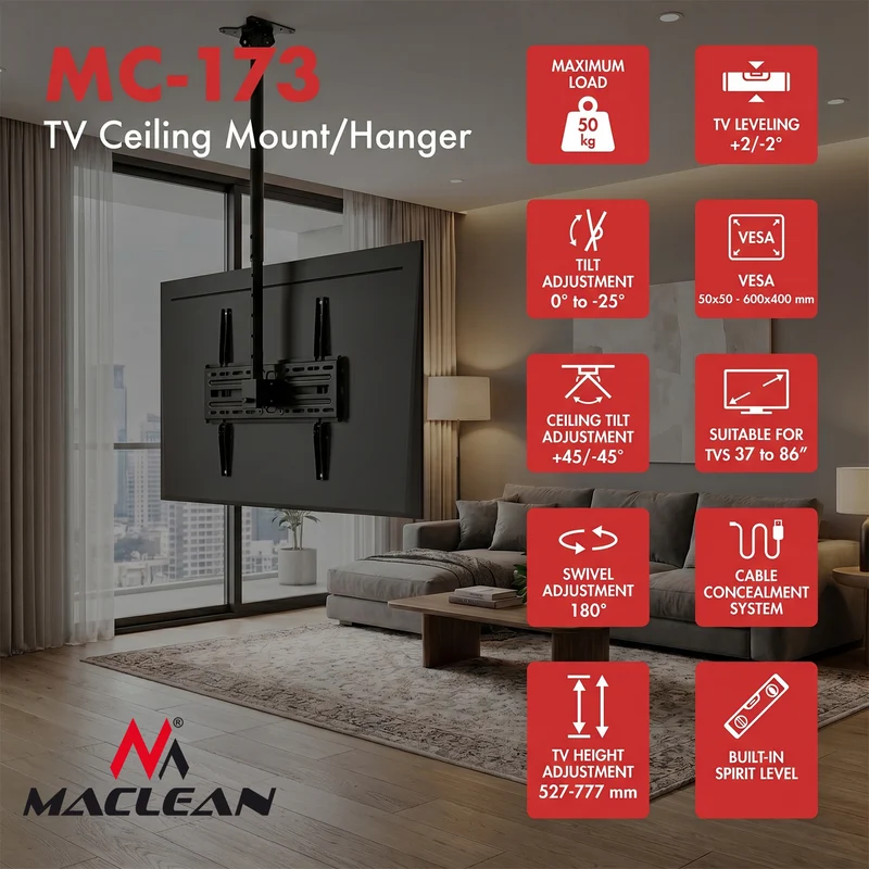 Takfäste/takhängare för TV från Maclean, max. belastning 50 kg, 37–86", max. VESA 600x400, MC-173