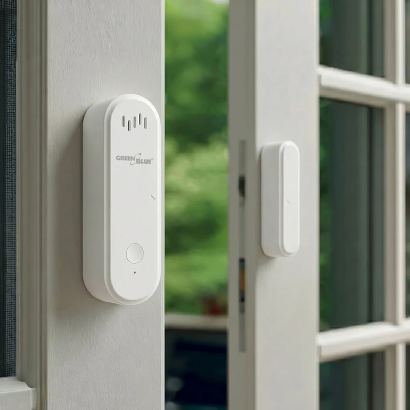 Trådlös kontaktor/öppningssensor med WiFi från GreenBlue, Android/iOS, för dörrar/fönster, 3,0 V DC, LR03x2, med larm, GB478