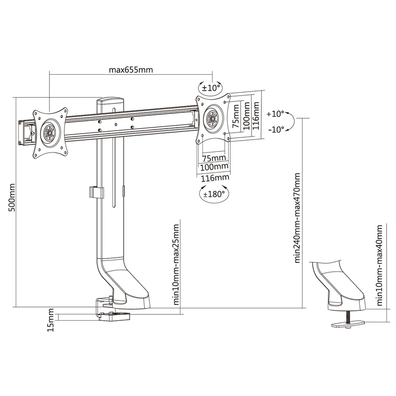 Maclean MC-854 Hållare för två bildskärmar / dubbel 17 "-27" 14 kg VESA 75x75 100x100 passar MC-848 och MC-849