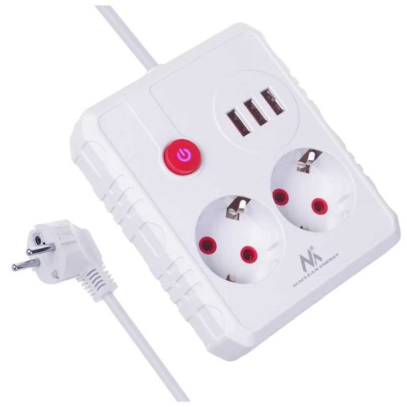 Maclean grenuttag, förlängningskabel 2 uttag + 3xUSB, 110-240V AC 50/60Hz, 2,1A max 2500W, 1,5m, vit, MCE387 W