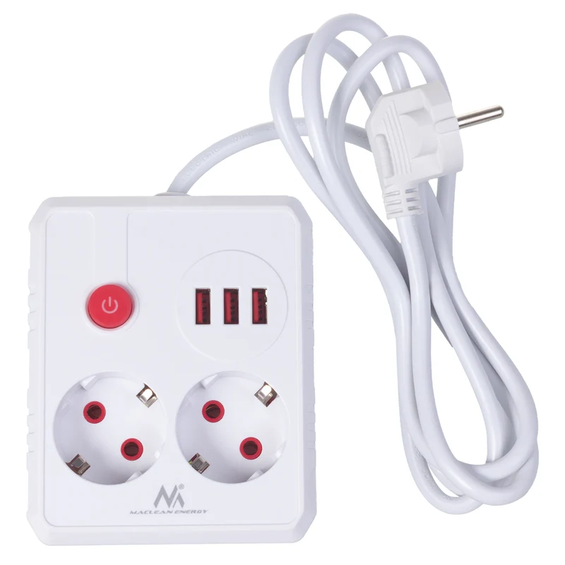 Maclean grenuttag, förlängningskabel 2 uttag + 3xUSB, 110-240V AC 50/60Hz, 2,1A max 2500W, 1,5m, vit, MCE387 W