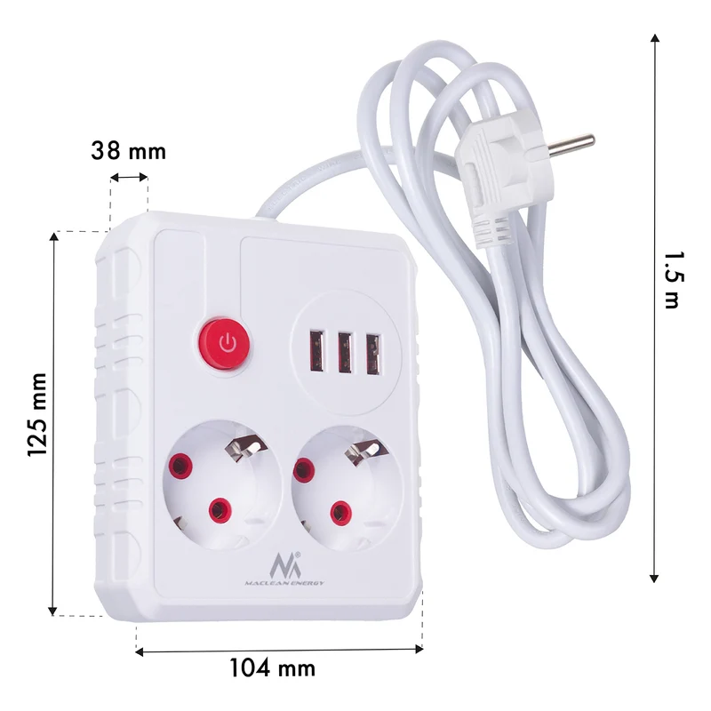 Maclean grenuttag, förlängningskabel 2 uttag + 3xUSB, 110-240V AC 50/60Hz, 2,1A max 2500W, 1,5m, vit, MCE387 W