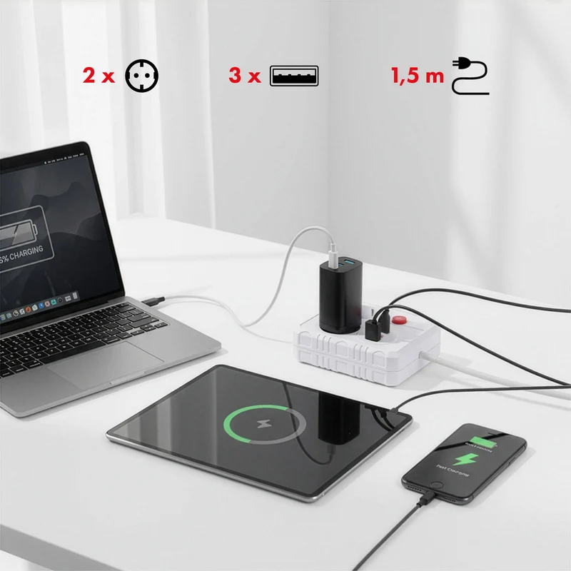 Maclean grenuttag, förlängningskabel 2 uttag + 3xUSB, 110-240V AC 50/60Hz, 2,1A max 2500W, 1,5m, vit, MCE387 W