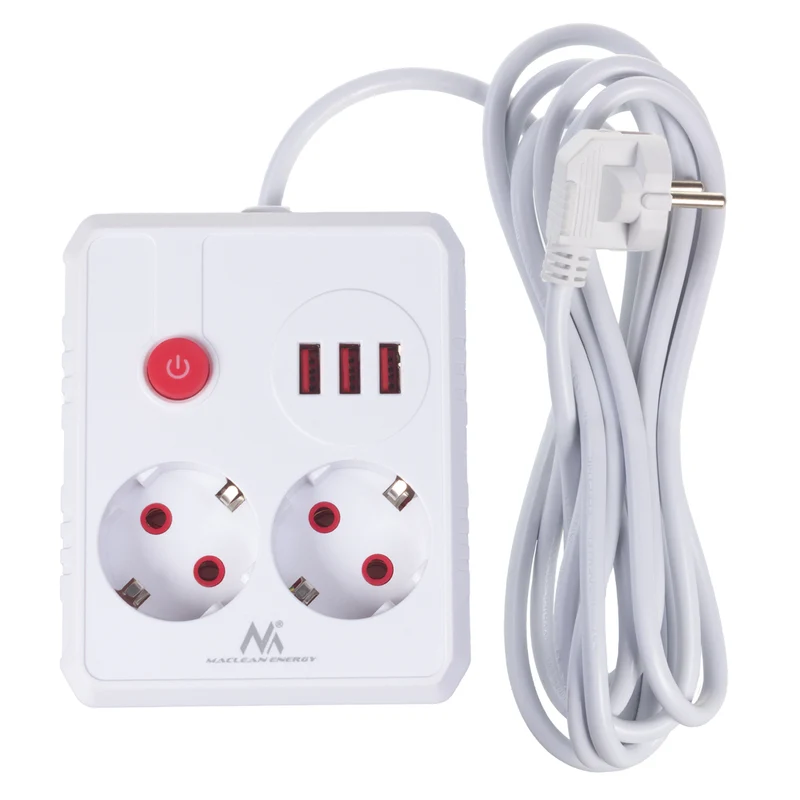 Maclean grenuttag, förlängningskabel 2 uttag + 3xUSB, 110-240V AC 50/60Hz, 2,1A max 2500W, 3 m, vit, MCE388 W