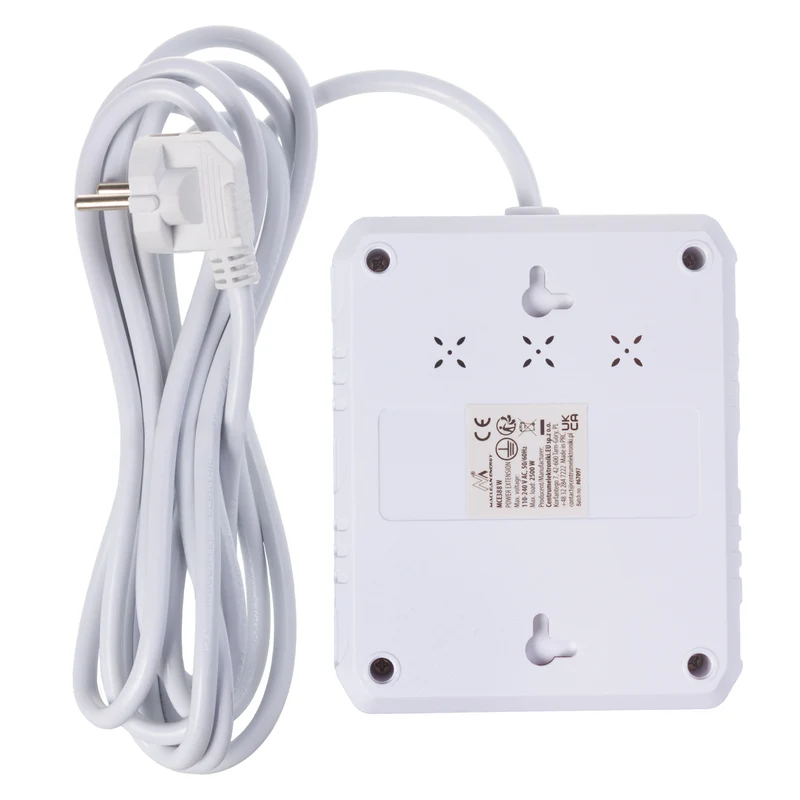 Maclean grenuttag, förlängningskabel 2 uttag + 3xUSB, 110-240V AC 50/60Hz, 2,1A max 2500W, 3 m, vit, MCE388 W