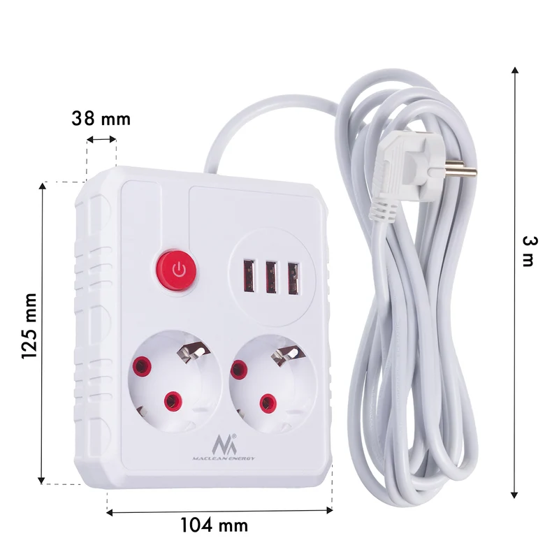 Maclean grenuttag, förlängningskabel 2 uttag + 3xUSB, 110-240V AC 50/60Hz, 2,1A max 2500W, 3 m, vit, MCE388 W