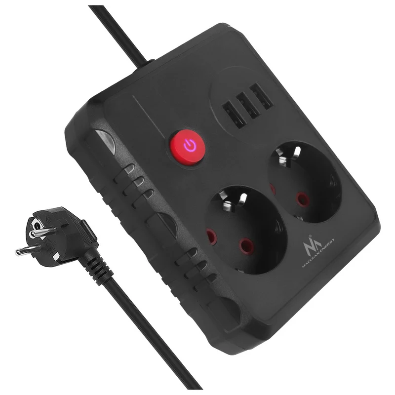 Maclean grenuttag, förlängningskabel 2 uttag + 3xUSB, 110-240V AC 50/60Hz, 2,1A max 2500W, 3 m, svart, MCE388 B