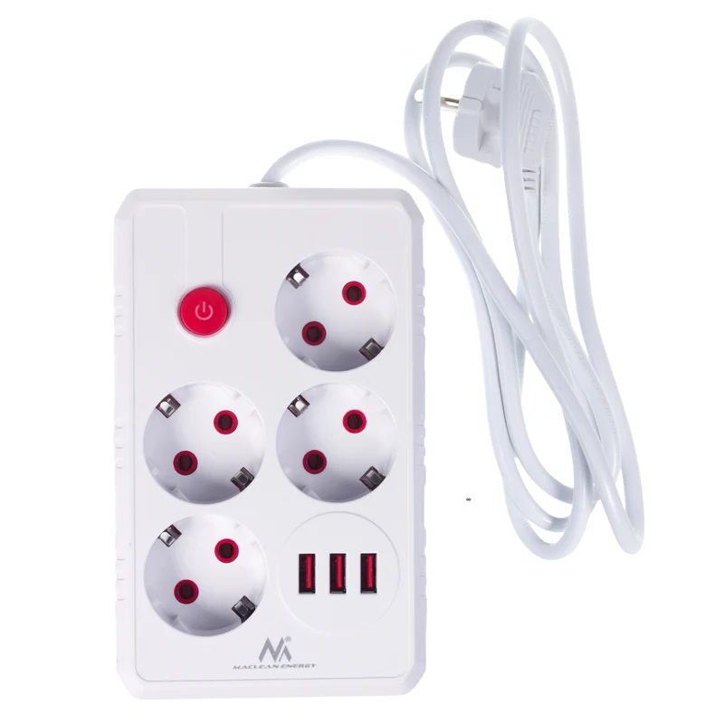 Maclean grenuttag, förlängningskabel 4 uttag + 3xUSB, 110-240V AC 50/60Hz, 2,1A max 2500W, 1,5m, vit, MCE392 W
