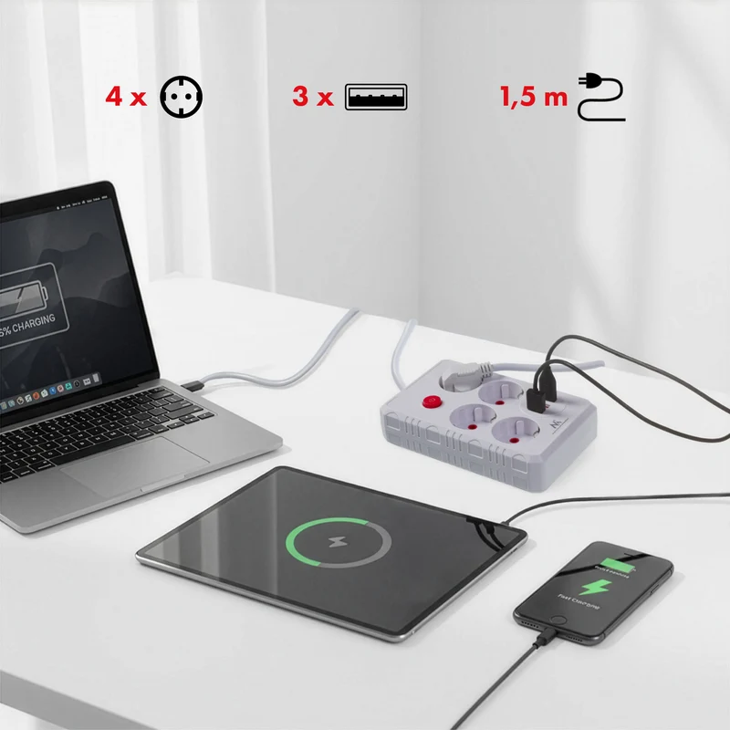 Maclean grenuttag, förlängningskabel 4 uttag + 3xUSB, 110-240V AC 50/60Hz, 2,1A max 2500W, 1,5m, vit, MCE392 W