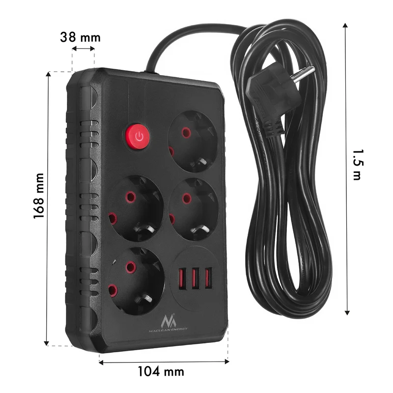 Maclean grenuttag, förlängningskabel 4 uttag + 3xUSB, 110-240V AC 50/60Hz, 2,1A max 2500W, 1,5m, svart, MCE392 B