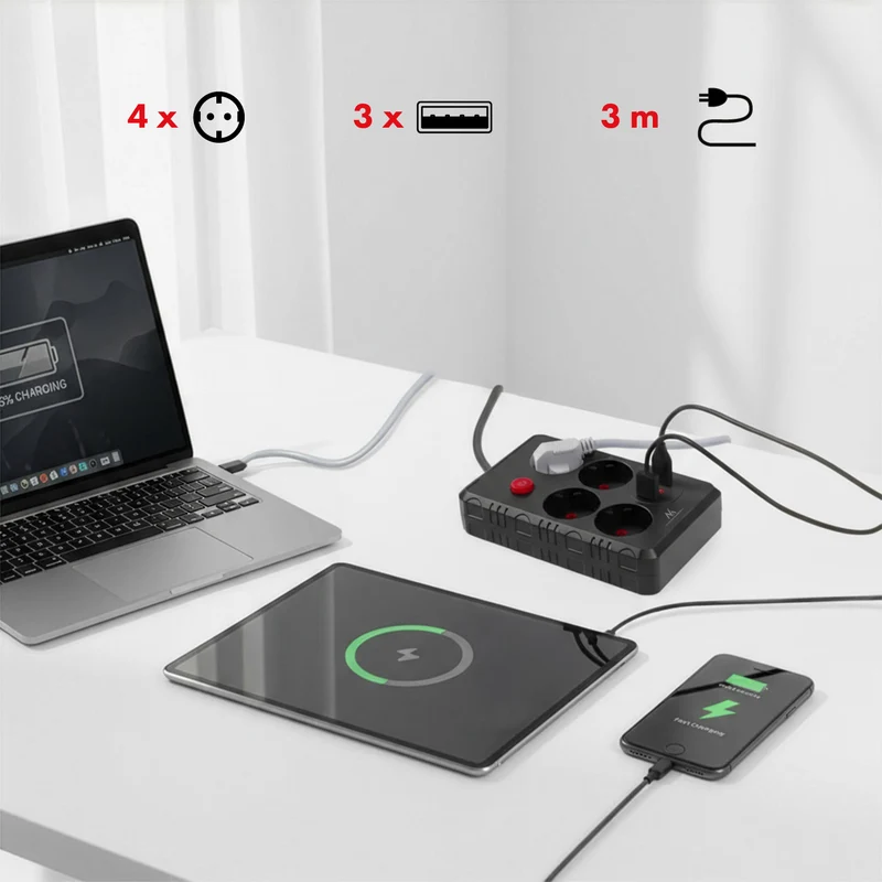 Maclean grenuttag, förlängningskabel 4 uttag + 3xUSB, 110-240V AC 50/60Hz, 2.1A max 2500W, 3m, svart, MCE393 B