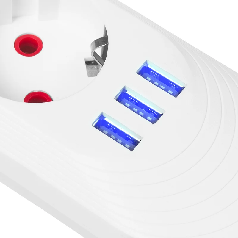 Maclean grenuttag, förlängningskabel 5 uttag + 3xUSB, 110-240V AC 50/60Hz, 2,1A max 2500W, 1,5m, vit, MCE395 W