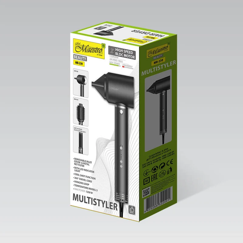 Maestro multistyler/hårvårdsset, hårfön, torkborste, automatisk locktång, 1200W effekt, 2 temperaturinställningar + kallblåsning, MR-230