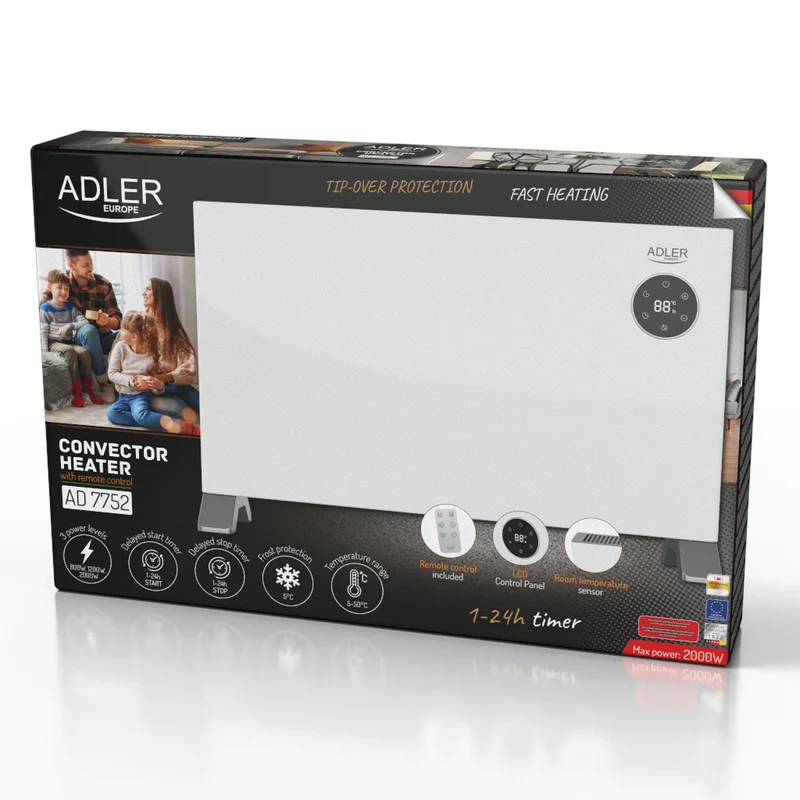 Värmekonvektor Adler, LED-display, fjärrkontroll, 3 värmenivåer, termostat, max 2000W, AD 7752