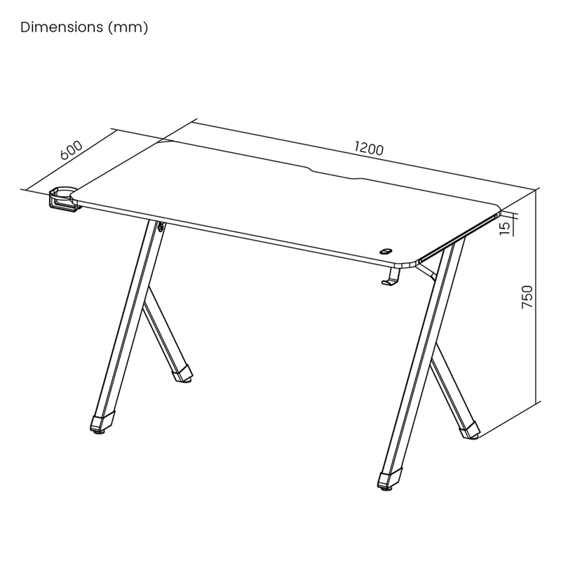 NanoRS gaming desk, svart, med hörlurs- och mugghållare, RGB-bakgrundsbelysning, max. 75kg, mått 1200x600x750mm, RS102