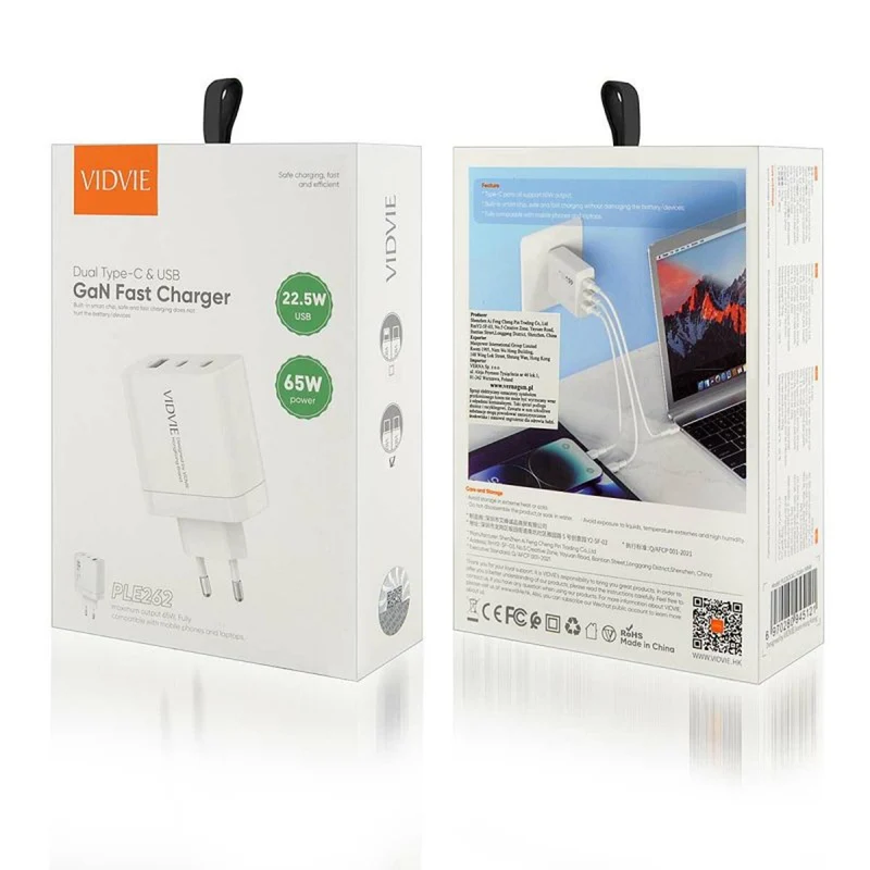 VIDVIE nätladdare, 3A, 65W, 2x USB-C, 1x USB, USB-C/USB-C-kabel, PLE262