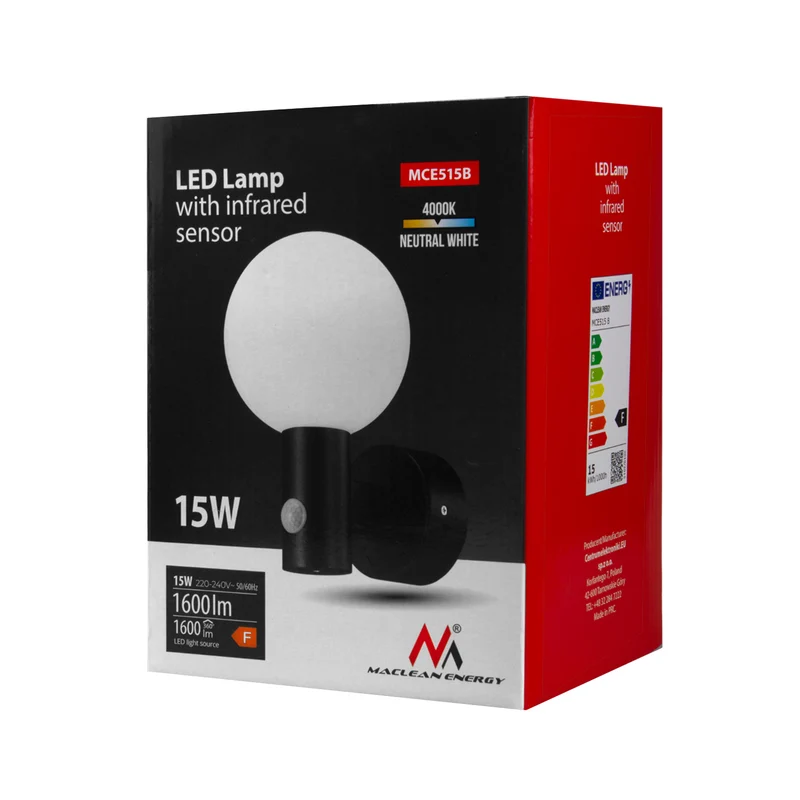 Maclean rörelsesensor LED-lampa, PIR rörelsesensor, svart, 15W, IP65, 1600lm, neutralvit (4000K) MCE515 B, 2 st