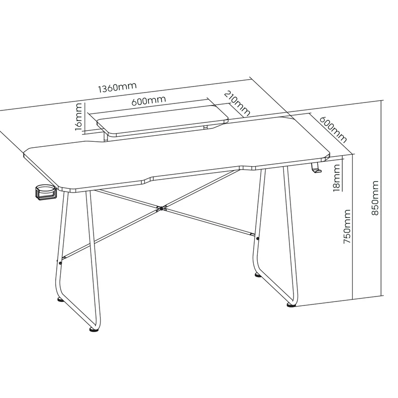 Gamingbord med monitorhylla NanoRS, 50kg max, höjd 850mm, svart, RS170+Kabelarrangör / bordsgaller Nano RS, 1345mm, svart och röd, RS125