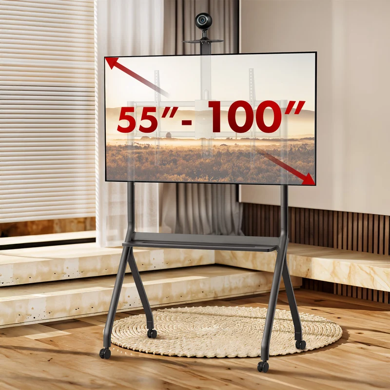 Maclean TV-stativ / vagn, kamerahylla, på hjul, 55-100", maxlast 120kg/10kg hylla, max. VESA 900x600, svart, MC-114 B