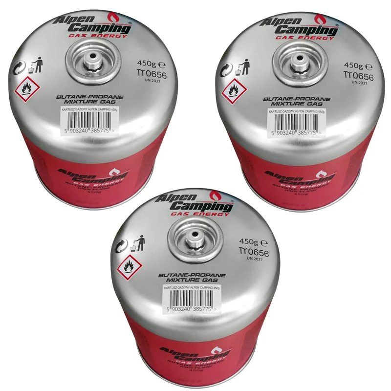 Alpen Camping 450g gaspatron. certifikat: Pi 0437, överensstämmer med EN417, propan-butan, intervall -10°c till + 40°c, 7/16" gängad ventil IK020, 3 st.