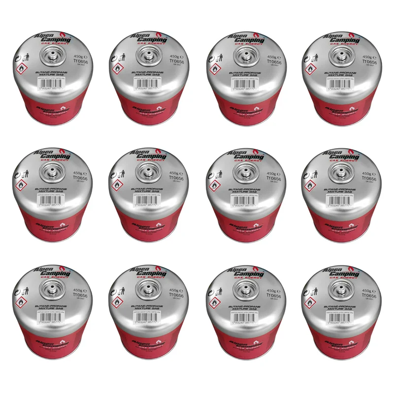 Alpen Camping 450g gaspatron. certifikat: Pi 0437, överensstämmer med EN417, propan-butan, intervall -10°c till + 40°c, 7/16" gängad ventil IK020, 12 stycken
