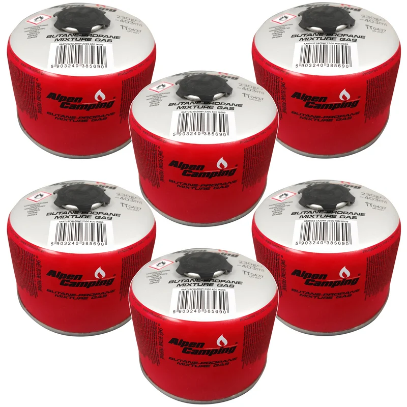Gaspatron 230g Alpen Camping. Certifikat: Pi 0656, överensstämmer med EN417, propan-butan, intervall -10°c till + 40°c, 7/16" gängad ventil IK009, 6 st.