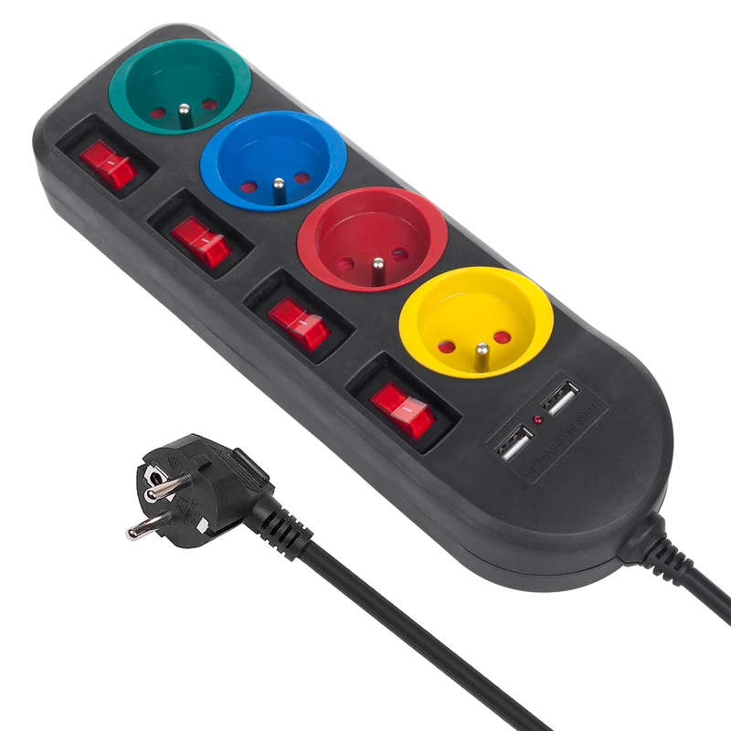 Maclean grenuttag, förlängningskabel 4 uttag + 2xUSB, med brytare, 250VAC/10A, 2,1A 5V, 1,5m, vit, MCE229B + USB-kabel MCE471