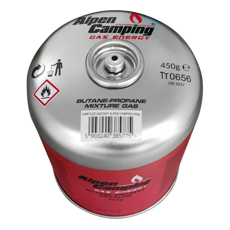 Gaspatron 450g Alpen Camping. Certifikat: Pi 0437, överensstämmer med EN417, propan-butan, intervall -10°c till + 40°c, 7/16" gängad ventil IK020
